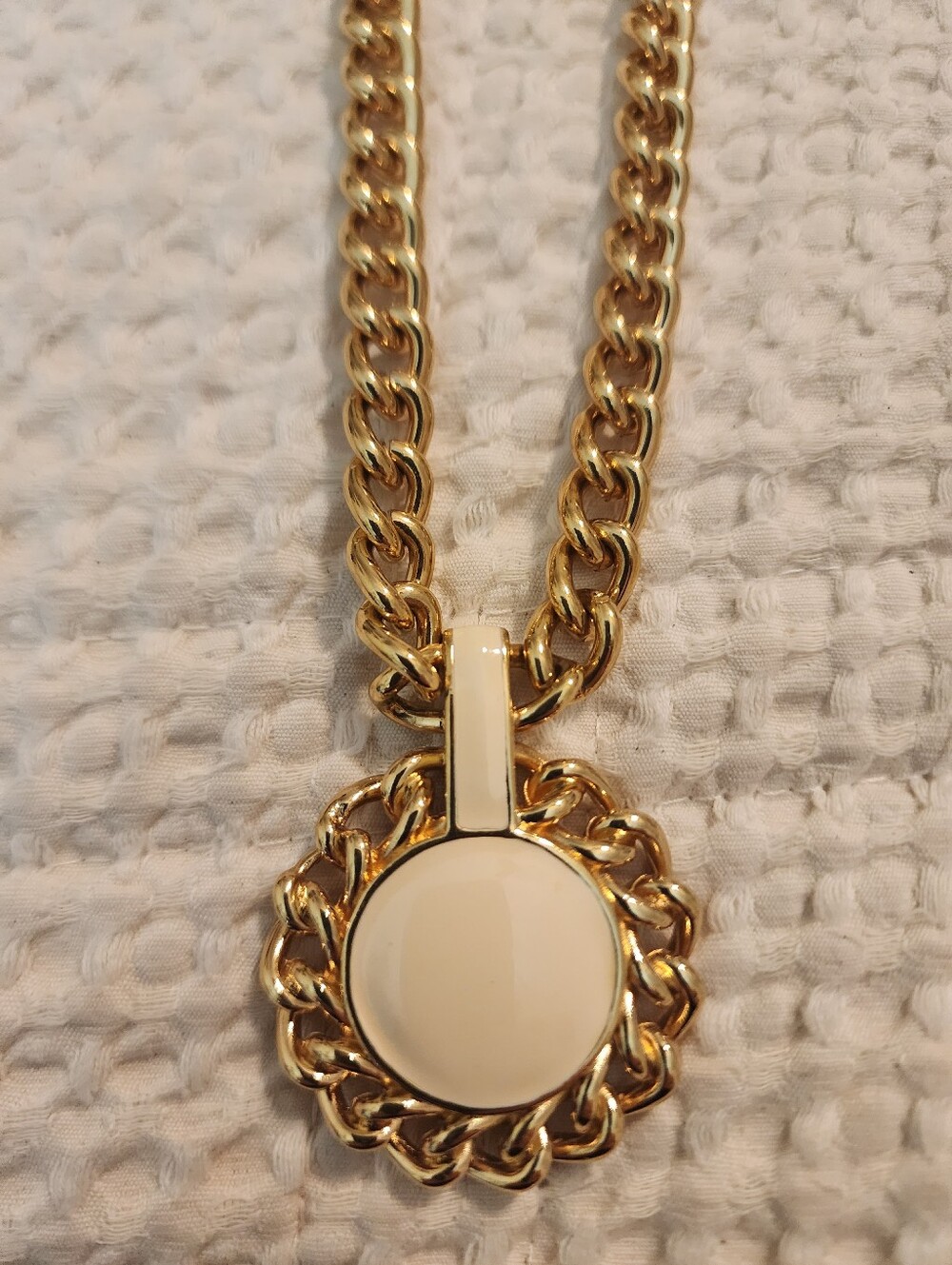 Monet Goldtone Classic Cream Enamel Pendant Necklace Vintage Quiet Luxury